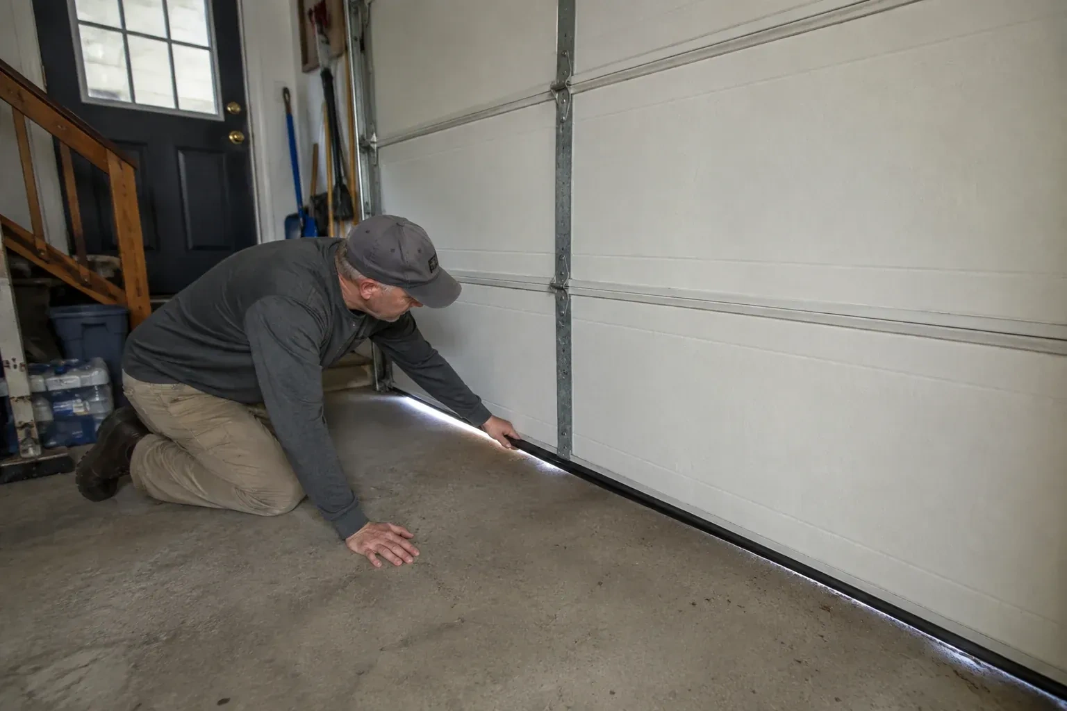 A person kneels beside the black bottom seal of a garage door, with daylight visible beneath the edge. — Garage Door Bottom Seal Replacement, Vaughan