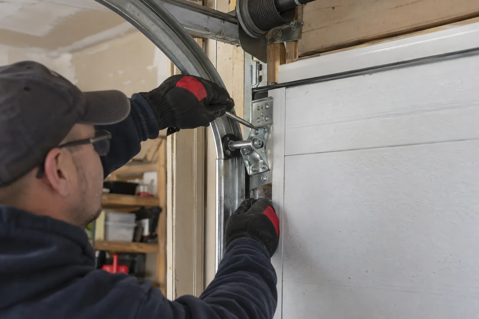 Hands in red-and-black gloves holding a screwdriver at a hinge bracket on a white door beside the curved track.