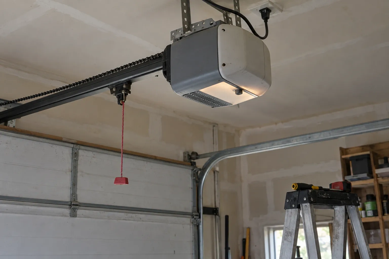 Chain-drive opener hanging from the ceiling with a lit lamp lens and a red pull cord, above a gray door and ladder. — Woodbridge