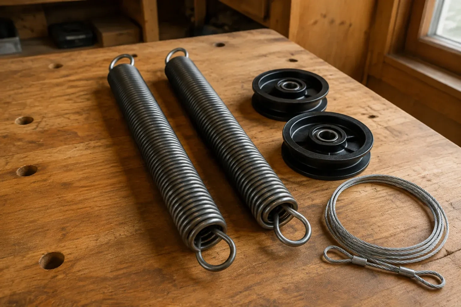 Two coiled extension springs with looped ends, two black pulleys and a loop of steel cable on a worn wooden workbench. — Extension Spring Replacement, Vaughan