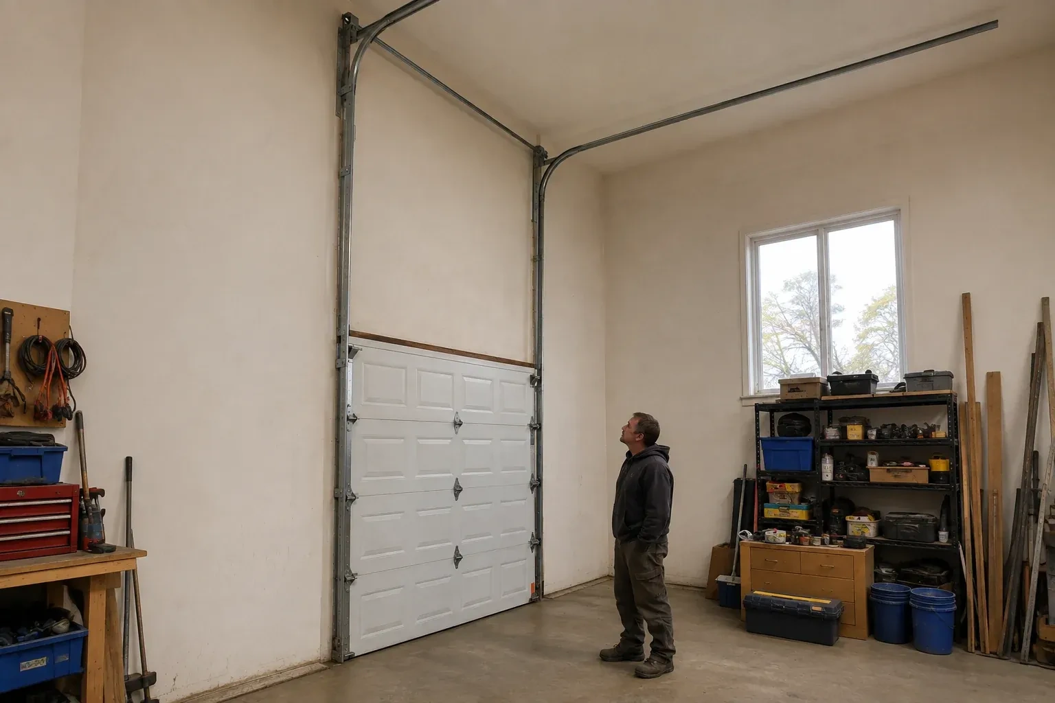Vertical tracks extend above a closed garage door before curving near a high ceiling, while a person looks upward. — High-Lift Garage Door Conversion, Vaughan