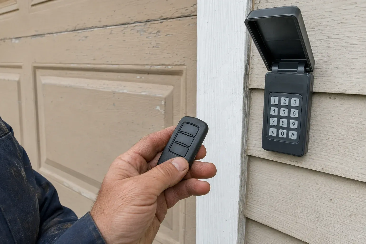 A hand holds a three-button remote beside an exterior garage keypad with its cover open. — Garage Door Remote and Keypad Programming, Kleinburg