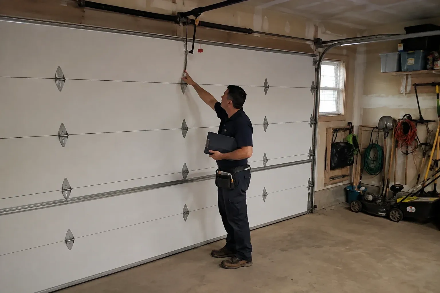 A person holding a clipboard examines the interior hardware of a closed garage door. — Garage Door Tune-Up, Vaughan