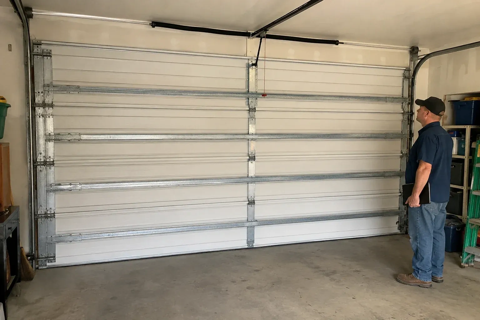 A person examines horizontal metal reinforcement members across the interior of a closed garage door. — Wind-Rated Garage Door Replacement, Vaughan