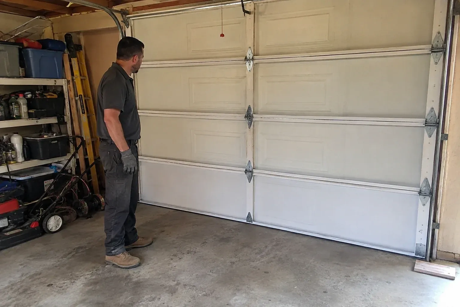 A person examines the interior panels and hinges of a closed sectional garage door. — Garage Door Panel Replacement, Vaughan