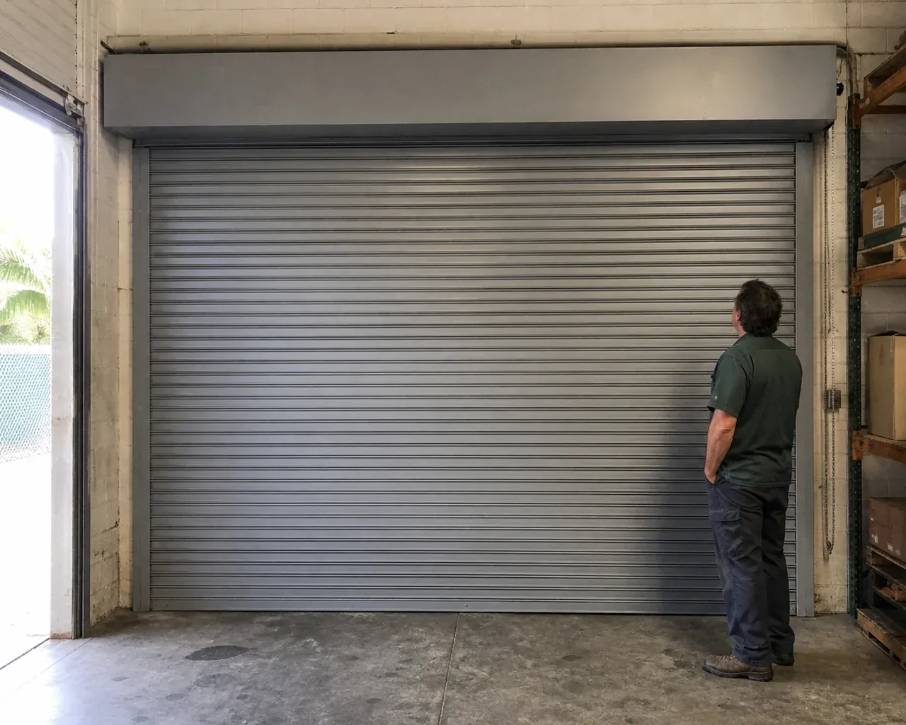 A person examines a closed metal rolling door with narrow horizontal slats, side guides and an overhead hood in a warehouse. — Commercial Rolling Door Repair, Vaughan
