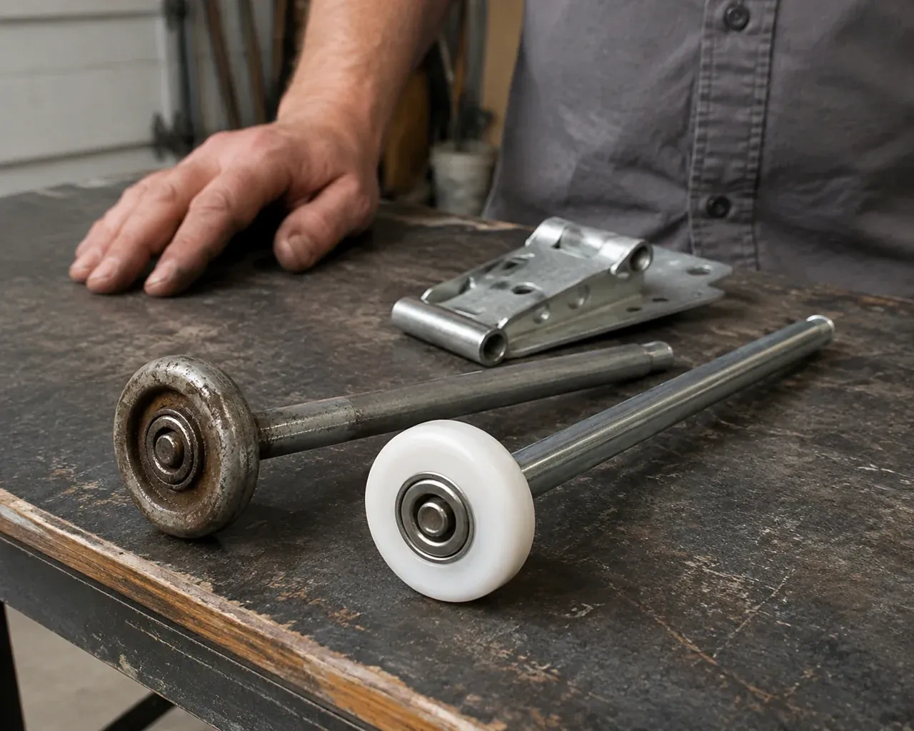 Steel and nylon garage-door rollers with long stems lie beside a detached hinge on a workbench. — Garage Door Roller Replacement, Vaughan
