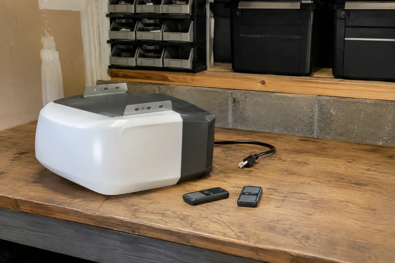 Detached opener housing and two remotes on a garage bench. — Garage Door Opener Replacement, Vaughan
