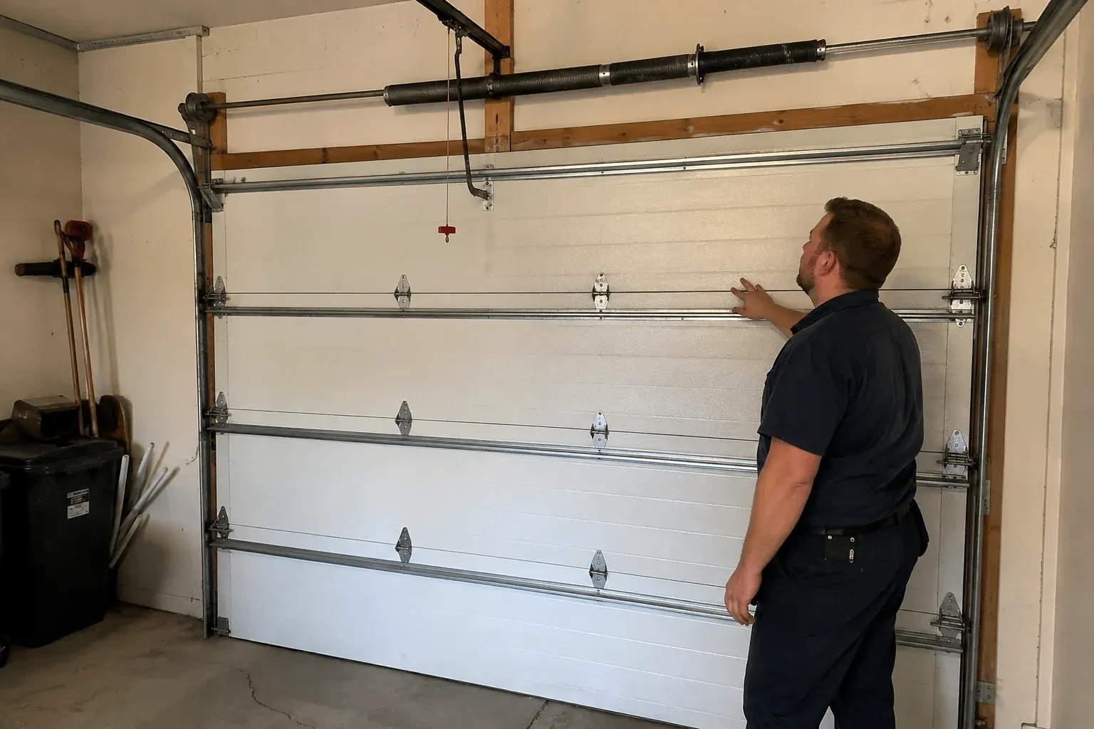 A person stands beside a closed sectional door beneath its overhead spring assembly. — Garage Door Balance Adjustment, Vaughan