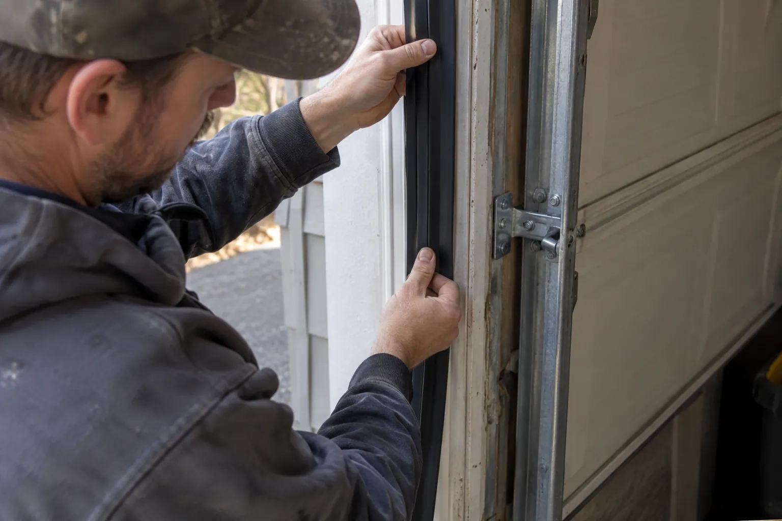 Hands pressing a black rubber strip along a wooden door frame beside a metal track and a hinge bracket. — Pine Grove