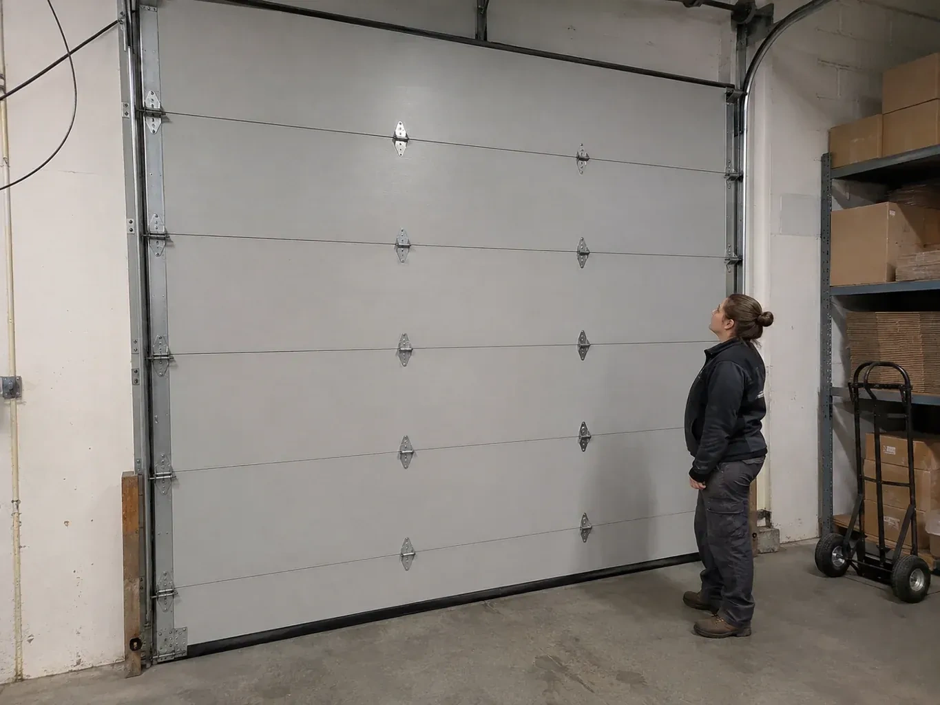 A person looks at a tall closed sectional door with broad panels, hinges and side tracks in a warehouse. — Commercial Sectional Door Repair, Vaughan