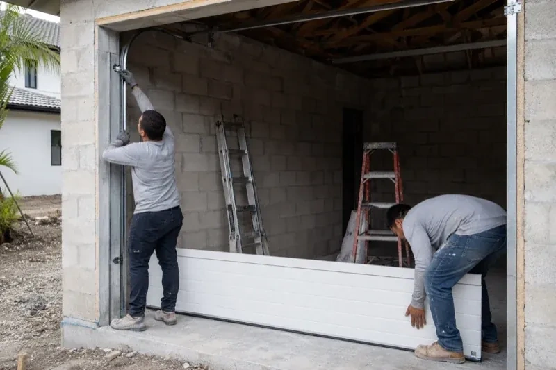 Two people positioning a white garage-door panel and side track in an unfinished masonry garage. — New-Construction Garage Door Installation, Vaughan