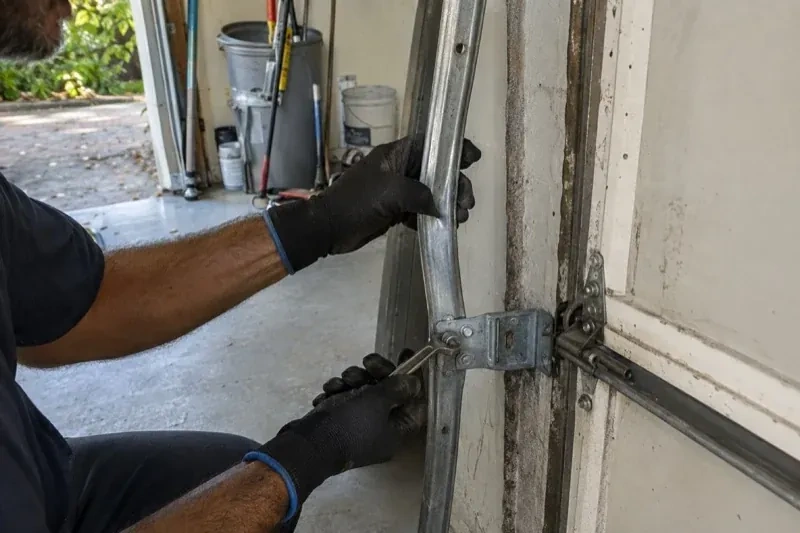 Gloved hands holding a vertical garage-door track and a wrench at its mounting bracket beside a door hinge. — Garage Door Track Repair or Replacement, Vaughan