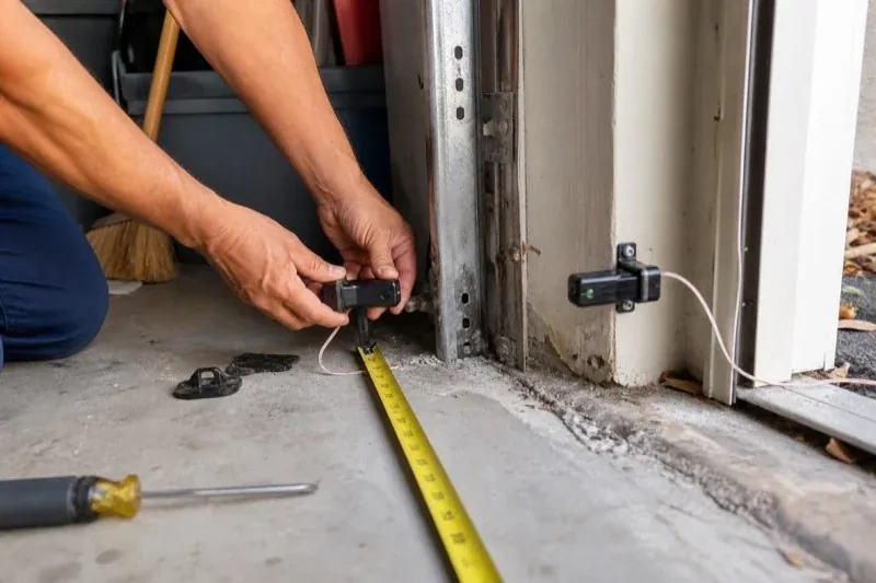 Hands holding a small wired device beside another mounted device and a tape measure at a garage-door opening — Photo-Eye Sensor Alignment or Replacement, Vaughan